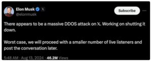 Screenshot of Elon Musk about DDoS Attack on X Platform