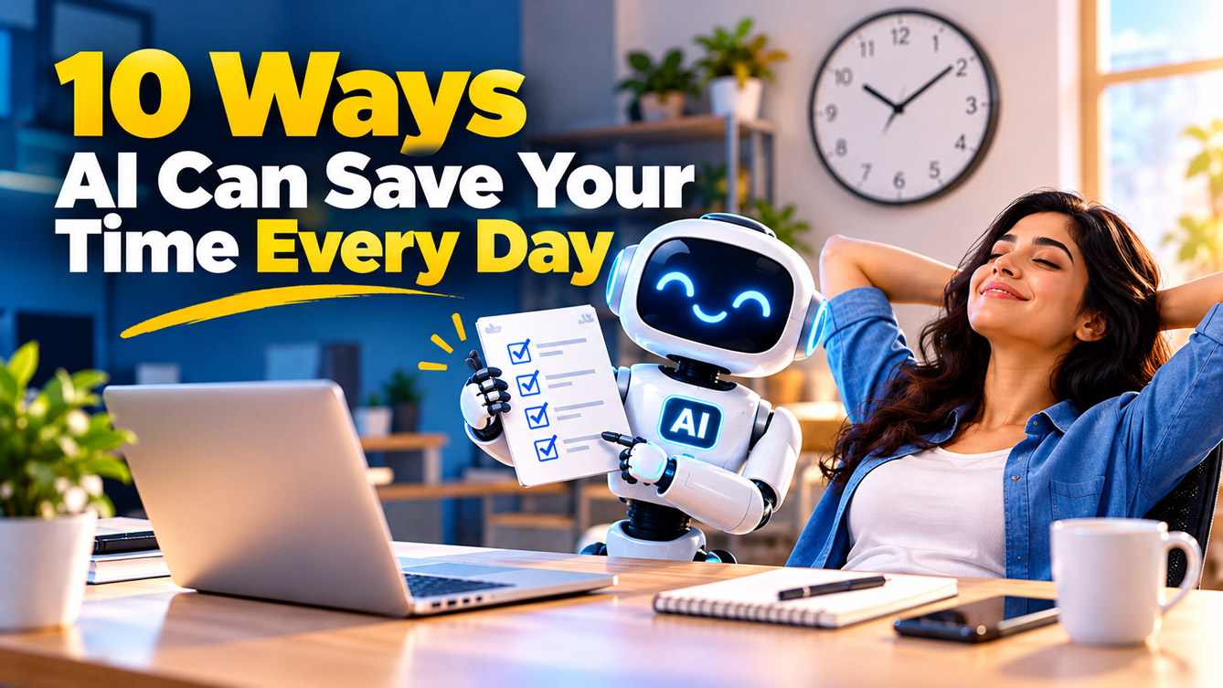 10 ways AI can save your time every day with a helpful AI robot and a relaxed professional