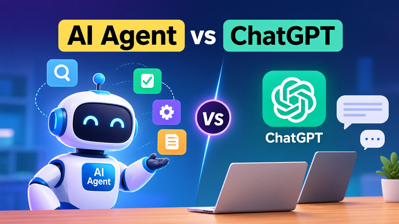 AI Agent vs ChatGPT comparison showing how AI Agents perform tasks while ChatGPT focuses on conversation