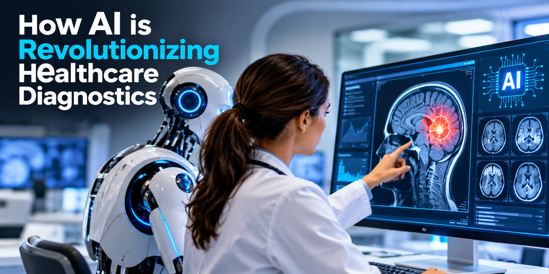 AI-powered healthcare diagnostics showing a doctor analyzing a brain scan with artificial intelligence Image Title:
