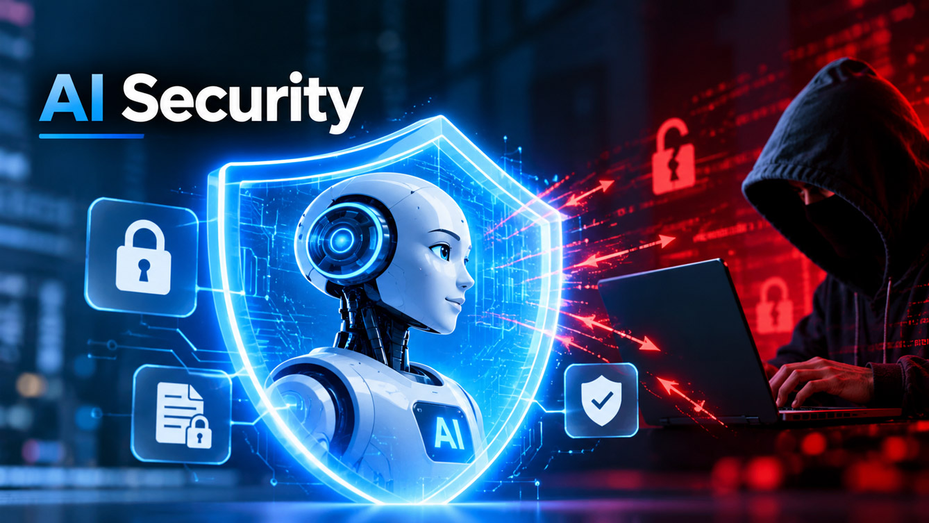 AI security shield protecting an artificial intelligence robot from hackers and cyberattacks.