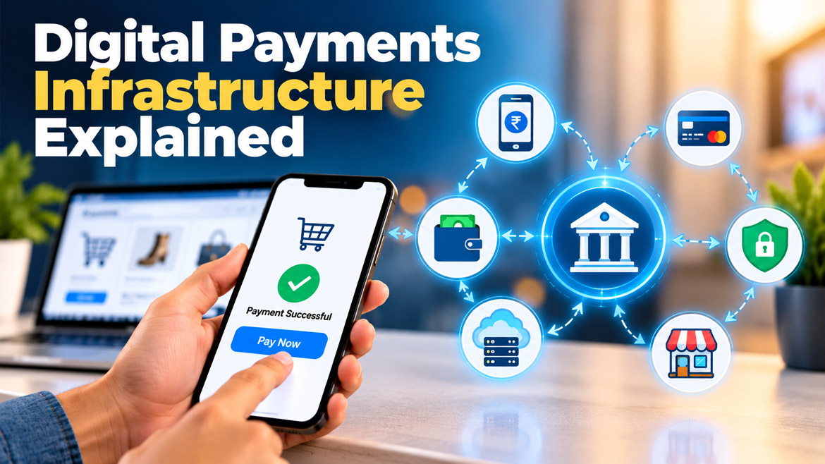 Digital payments infrastructure explained with a smartphone payment, bank network, digital wallet, payment card, and security icons.