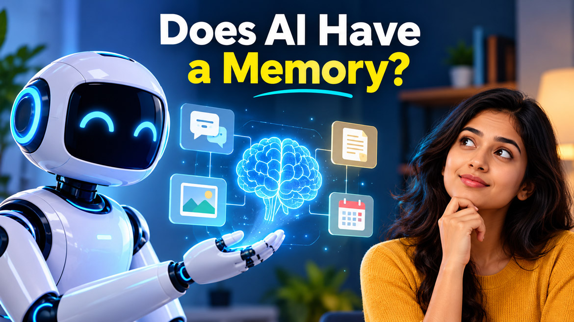 AI robot displaying a glowing digital brain to explain how artificial intelligence remembers information.