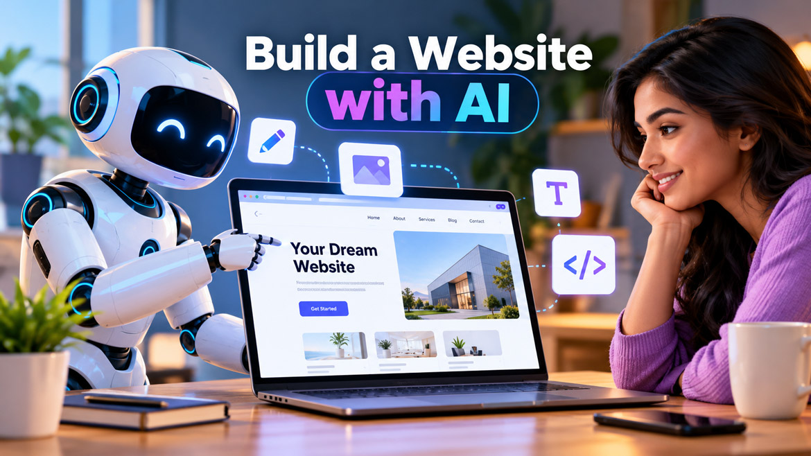 AI website builder helping a woman create a website using a laptop