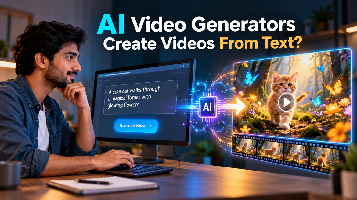 Indian man using an AI video generator to create a magical cat video from a text prompt on a computer.