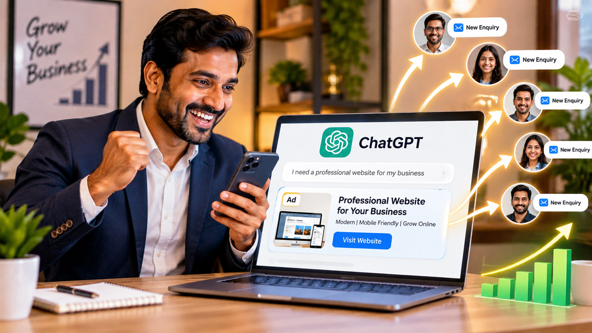 Indian businessman celebrating new customer enquiries through ChatGPT Ads while holding a smartphone in his office.