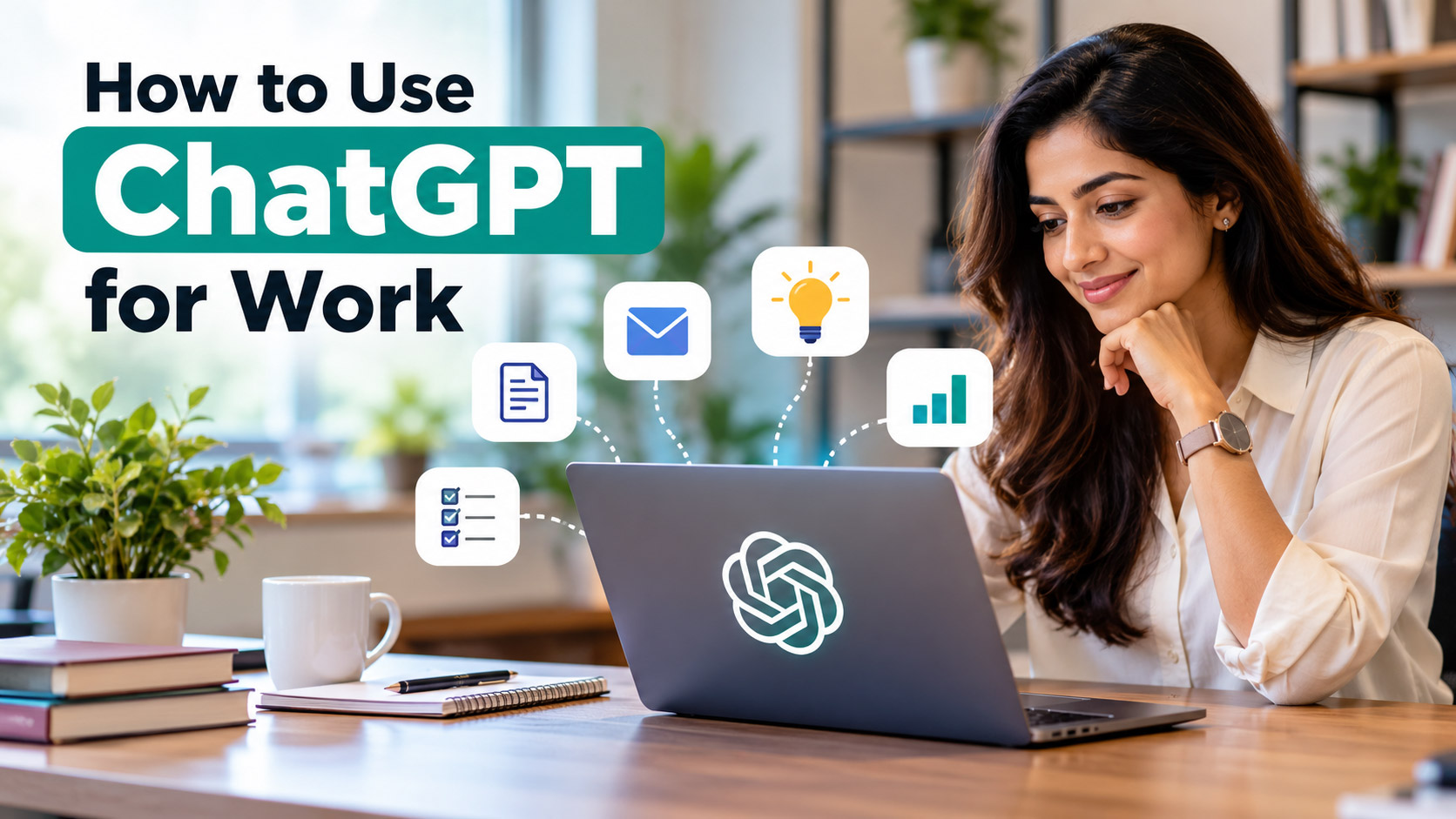 Woman using ChatGPT on a laptop to improve workplace productivity and manage daily tasks.