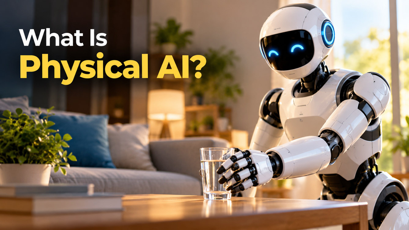 A humanoid robot interacting with a glass of water, illustrating Physical AI and how robots learn to interact with the real world.