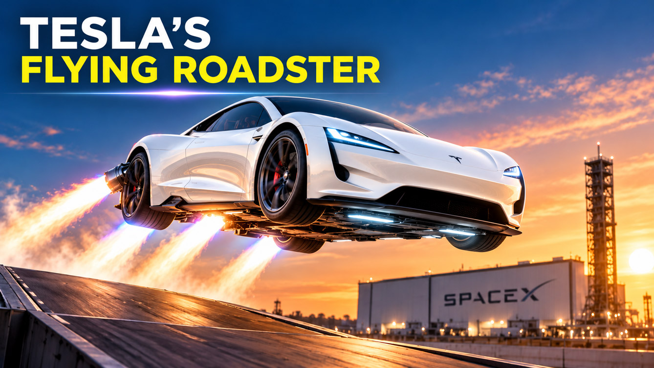 White Tesla Roadster flying with rocket thrusters above a test track at a SpaceX facility at sunset.