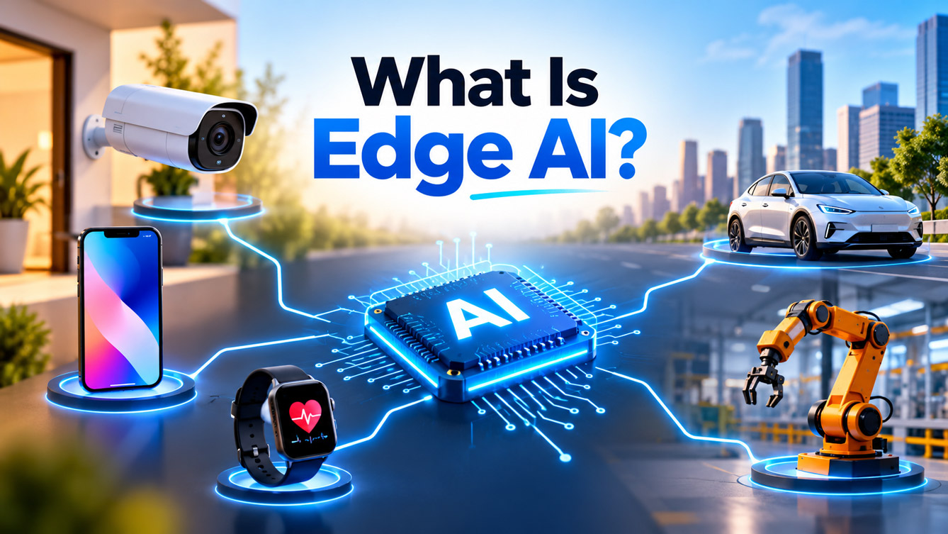 dge AI chip connected to a smartphone, security camera, smartwatch, electric car, and industrial robot.