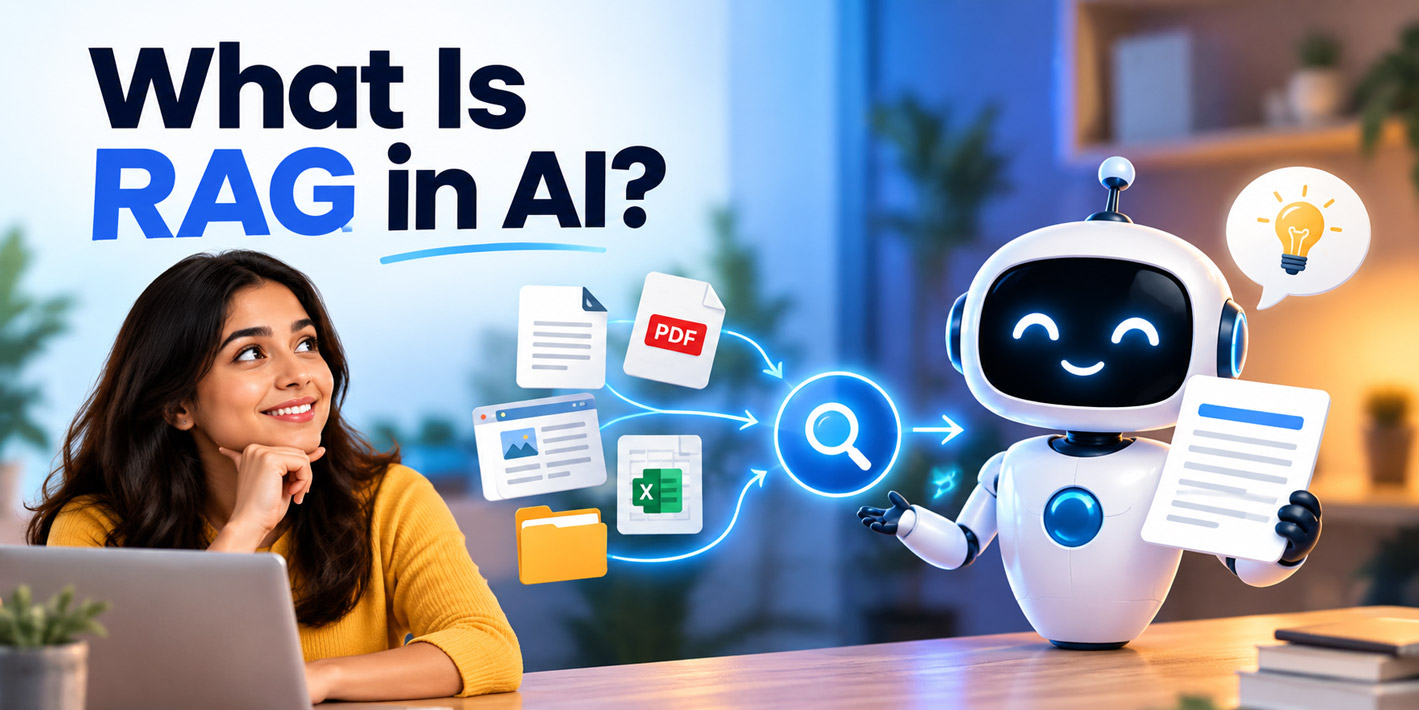 What is RAG in AI illustration showing an AI assistant retrieving information from documents to generate answers.
