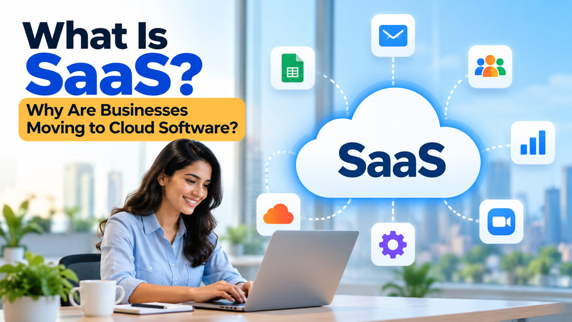 What is SaaS? Cloud software connected to business applications with a professional working on a laptop.