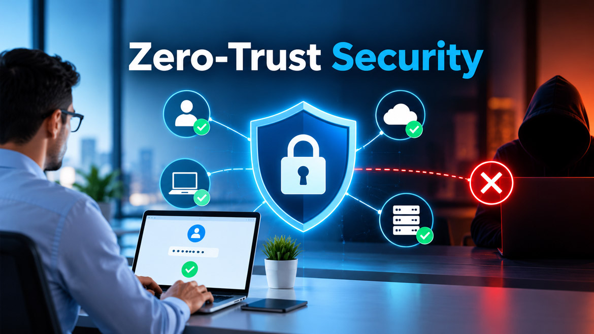 Zero-Trust Security protecting business data by verifying authorised users and blocking cybercriminals from accessing sensitive systems.